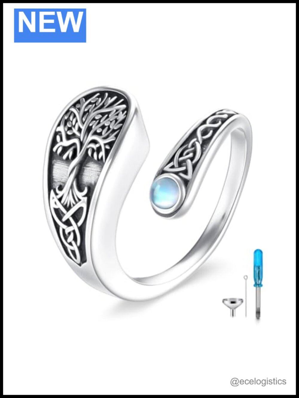 Sterling Silver Urn Ring Tree of Life Moonstone Adjustable Memorial Jewelry
